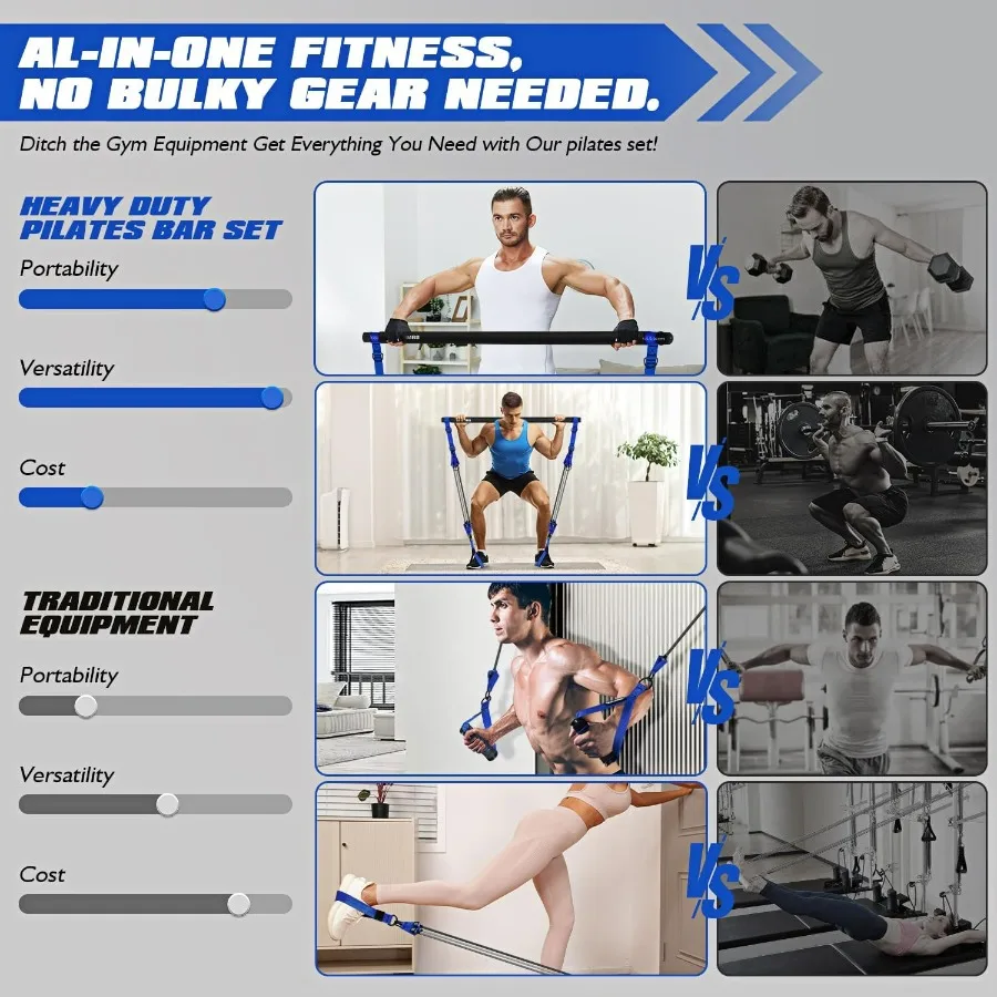 Pilates Equipment, Heavy Duty Pilates Bar Kit with Resistance Bands, Portable Gym Adjustable Exercise Bands, Home Squat Training