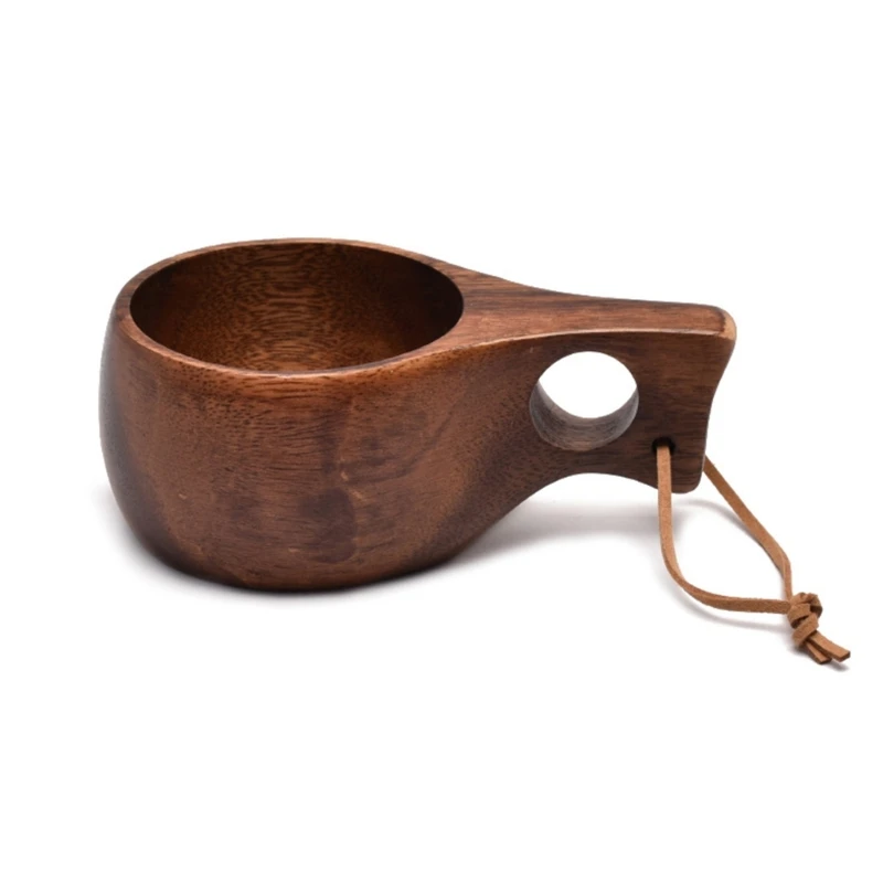 Kuksa 휴대용 커피 머그잔, 아카시아 나무 손잡이, 소가죽 로프 후크, 주스 우유 컵, 커피 마시는 컵, 음료용기