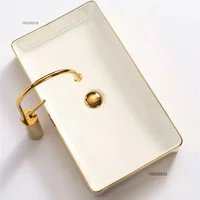 Luxury Gold Ceramic Tabletop Bathroom Sinks Home Hotel European Minimalist Household Washbasin Square Bathroom Wash Basins d 1