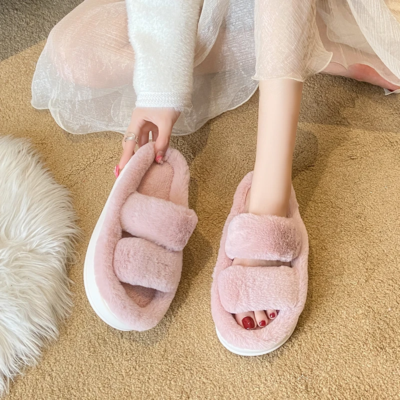 

2023 Winter House Furry Slippers Women Fluffy Fur Home Slides Flat Indoor Floor Shoes Soft Sole Ladies Flip Flops