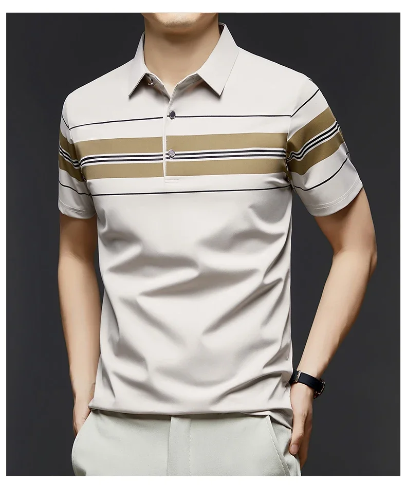 BROWON Brand 2025 Summer Men Polo Shirt Short Sleeve Lapel Collared Smart Casual Striped Office Polo Tops Tees for Men 27 S638f5fef17e148d5b43c99655255bd2a0