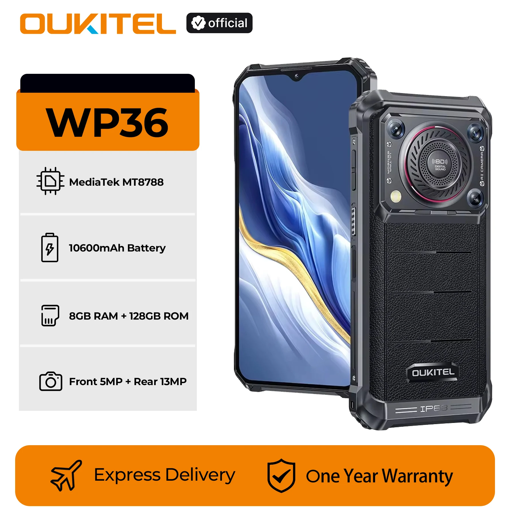 Oukitel WP36 Rugged Smartphone 10600mAh 6.52" HD+ Cell phone 16GB 128GB Mobile Phone Android 13 13MP Camera
