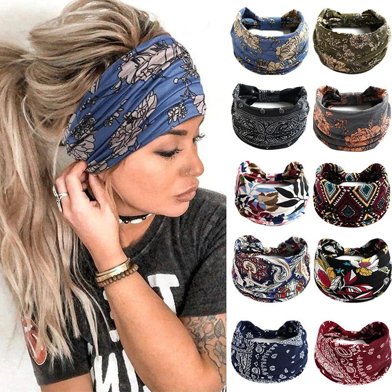 Neue Boho Blumen druck breite Stirnbänder Vintage Knoten elastische Turban Kopf wickel für Frauen Mädchen Baumwolle weiche Bandana Haarschmuck