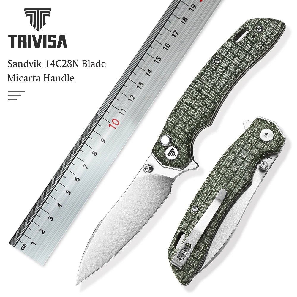 

TRIVISA Folding Pocket Knife for Men, Outdoor Camping EDC Knives with Clip，3.54" 14C28N Flipper Blade，Micarta Handle，Thumb Stud