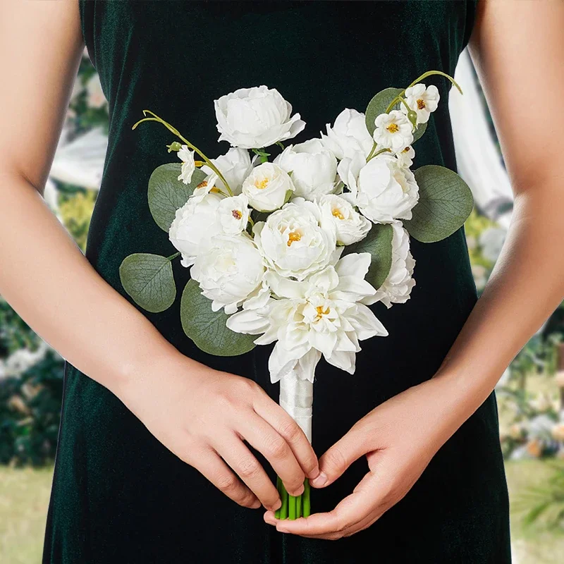 1PC White Peony Rose Handheld Flower Outdoor Wedding Bridesmaid Fan shaped Simulated Bouquet Valentine's Day Anniversary Bouquet