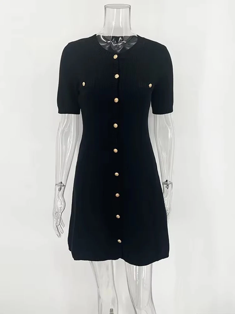 White Elegant Knitted Mini Dress For Women Metal Button Sexy Slim Rib Sweater Dress Holiday Party Outfits Autumn New