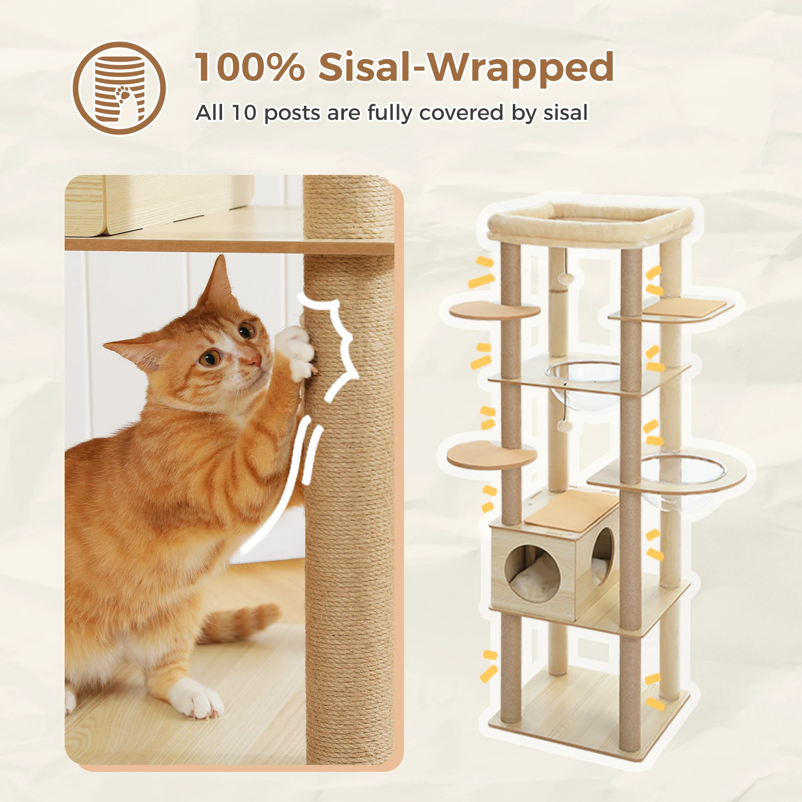 Großer Katzenbaum mit 2 Acryl-Hängematten, Hoher Holz-Katzenturm mit Kratzpfosten & Geräumiger Oberer Liegefläche, Mehrstöckiges Katzenspielzeug für Innenräume – Detail 9