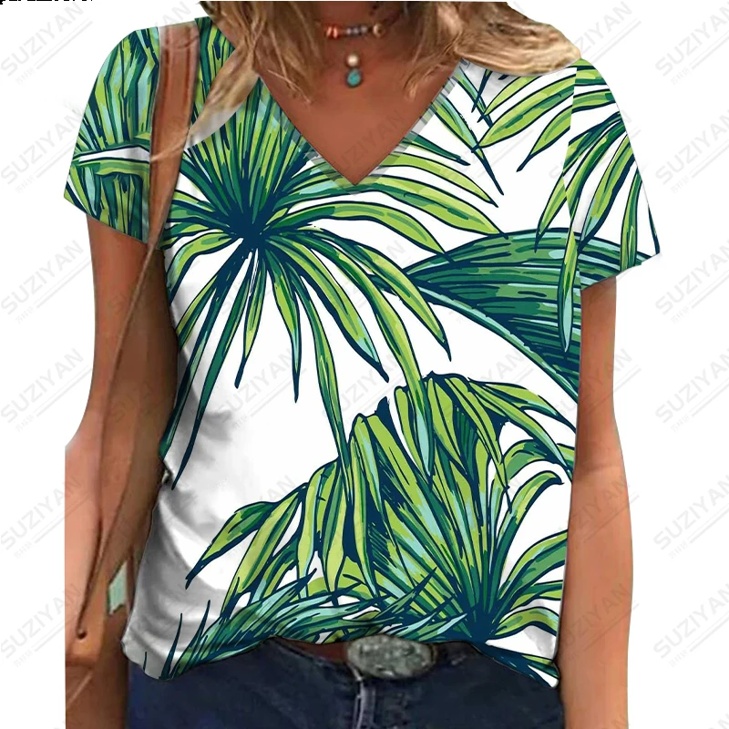 

2023 Women's Summer New Short Sleeve Leaf 3D Digital Printing T-shirt Hot Selling Women's V-neck Hawaiian Style Casual Top