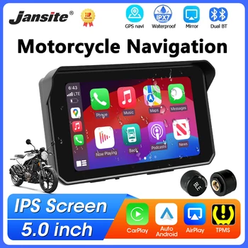 Navigatore GPS Portatile da 5 Pollici per Moto con CarPlay Wireless, Android Auto, Bluetooth, Display Impermeabile IPX7, Supporto TPMS