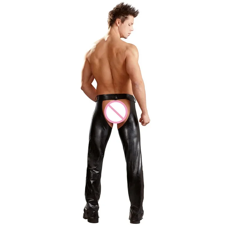 Exotic Gothic Gay fetish Men Sexy Open Crotch Pole Dance Pants Black Erotic Wetlook Patent Leather Leggings Chaps Men Underwear Men Leggings Men Leather Chaps