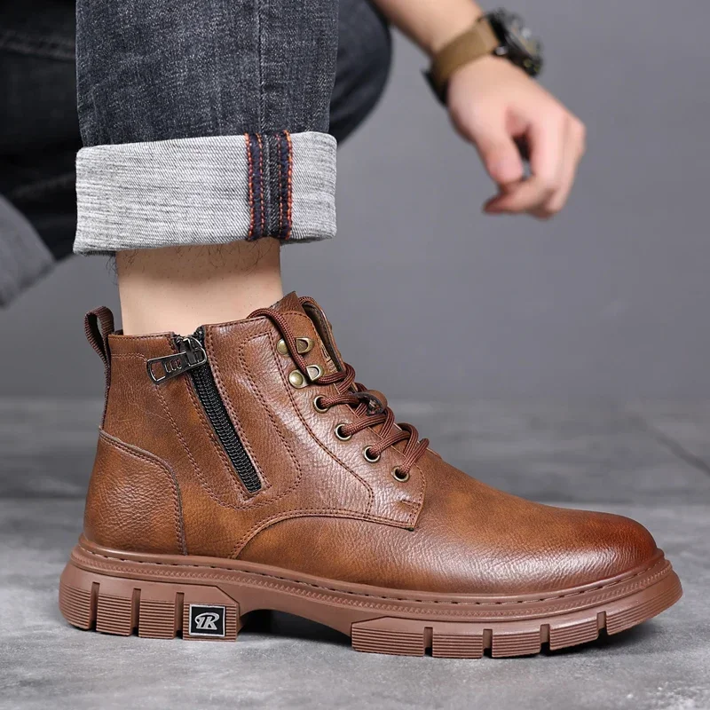 

2023 Winter Men’s Ankle Boots Thick Bottom Zipper Man Shoes Waterproof Fashion Designer Large Size Male Footwear Botas