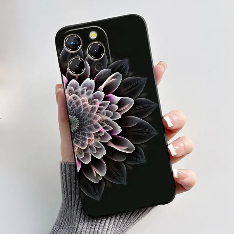 Chrysanthemum Forest Pattern Anti-Scratch Black Soft Phone Case