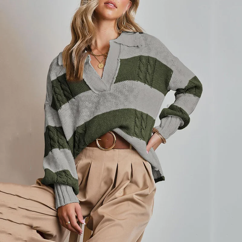 

Women Sweater 2023 Autumn New Long Sleeve Turn-down Collar Patchwork Fashion Elegant Loose Casual Commute Sweater Female Clothes