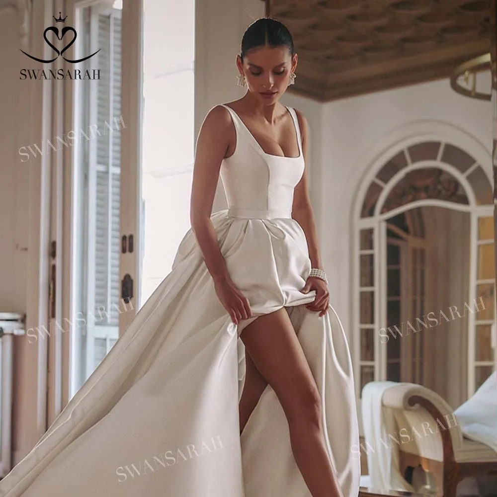 Sleeveless Satin A-Line Wedding Dress 2025 Square Collar Split Bow customized Bride Gown SwanSarah W274 Vestido De Novia 6
