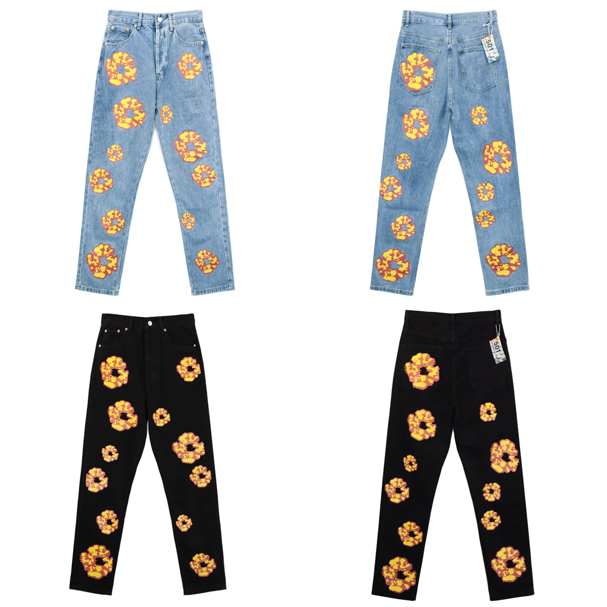 Yao888 Streetwear Flame Kapok Denim Pants Jointly Designed Fashion Brand 1:1 HipHop Star Style Casual Vintage Pants For Men