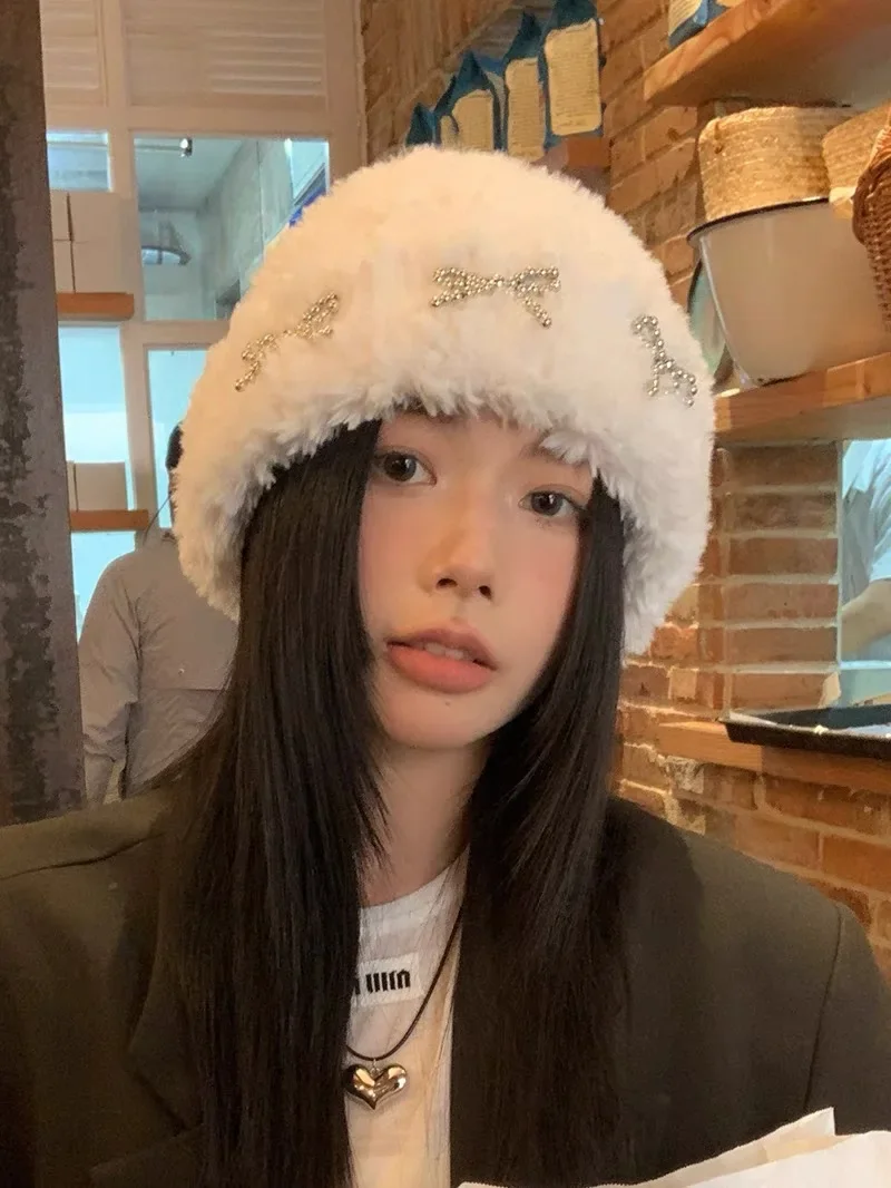 Korean Metal Bow Knitted Hat Ins Style Cute Y2K Girls' Hat Autumn and Winter Personalized Fashion Warm Ear Protection Hat 3