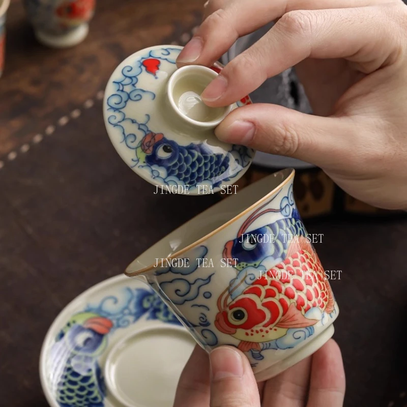 Dragon Fish Triple Talisman Covered Bowl Home-use Chinese Tea Pitcher Single-piece Non-burning Tea Set with Lid Kung Fu