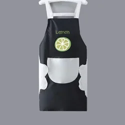 Waterproof and Oil - Proof Women's Kitchen Apron with Hand Wiping Strap and Pocket (Black - Lemon)