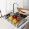 Silicone Kitchen Sink Organizer - Multifunctional Heat-Resistant Dish Draining Mat, Roll-Up Vegetable Washing Pad & Storage Rack 5