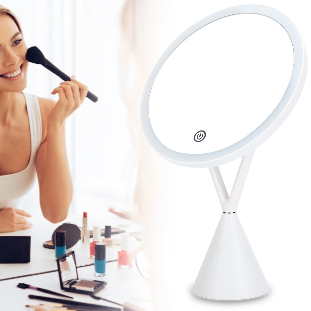 Espejo de maquillaje con luces LED y botón táctil, brillo de carga USB, espejo cosmético ajustable, lupa 1X + 5X