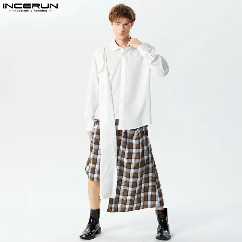 

INCERUN Tops 2024 American Style Fashion Men Deconstruction Design Long Hem Shirts Casual Solid Long Sleeved Lapel Blouse S-5XL