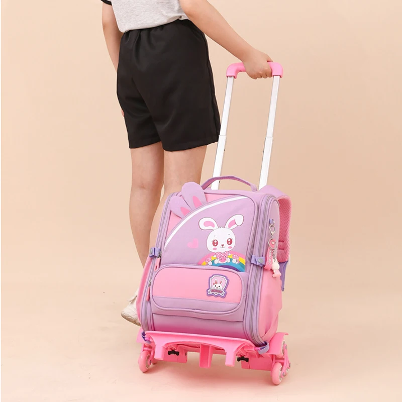New Fashion Cartoon Children's School Bags with Wheeled Trolley Backpack Teenagers Girls Rolling Backpack Students Kids Backpack