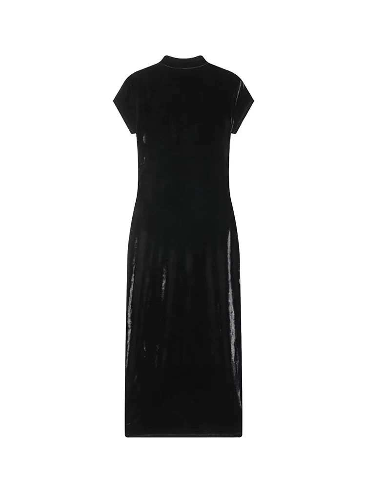 Women Elegant Long Slit Qipao Dress Retro Chinese Style Cheongsam Dress Black Stand-up Collar Fashion Slim Ladies Party Dress