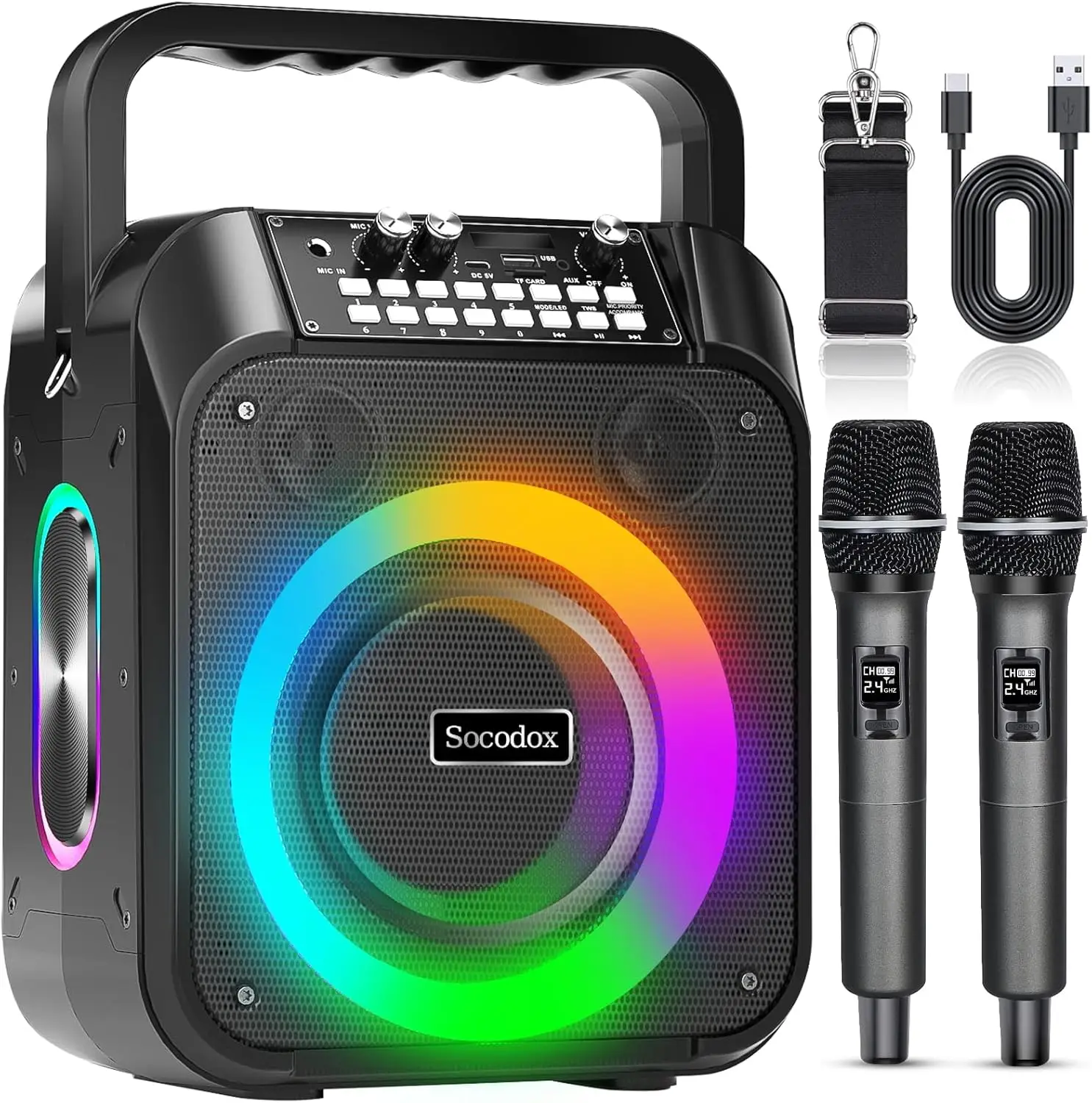 Karaoke Machine,20W Portable Bluetooth Speaker with 2 Wireless Microphones,7000mAh Battery,TWS Stereo Sound,RGB Lights,Support U