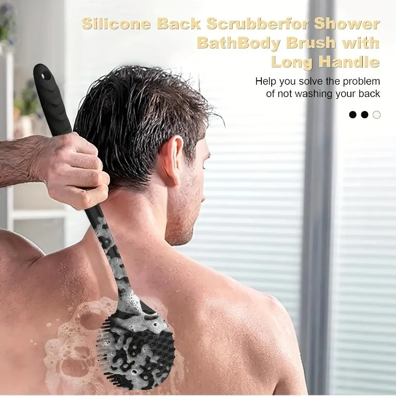 Silicone Back Scrub Brush Shower Long Handle for Deep Body Cleaning and Exfoliating Massage, Comfortable on Both  Sides