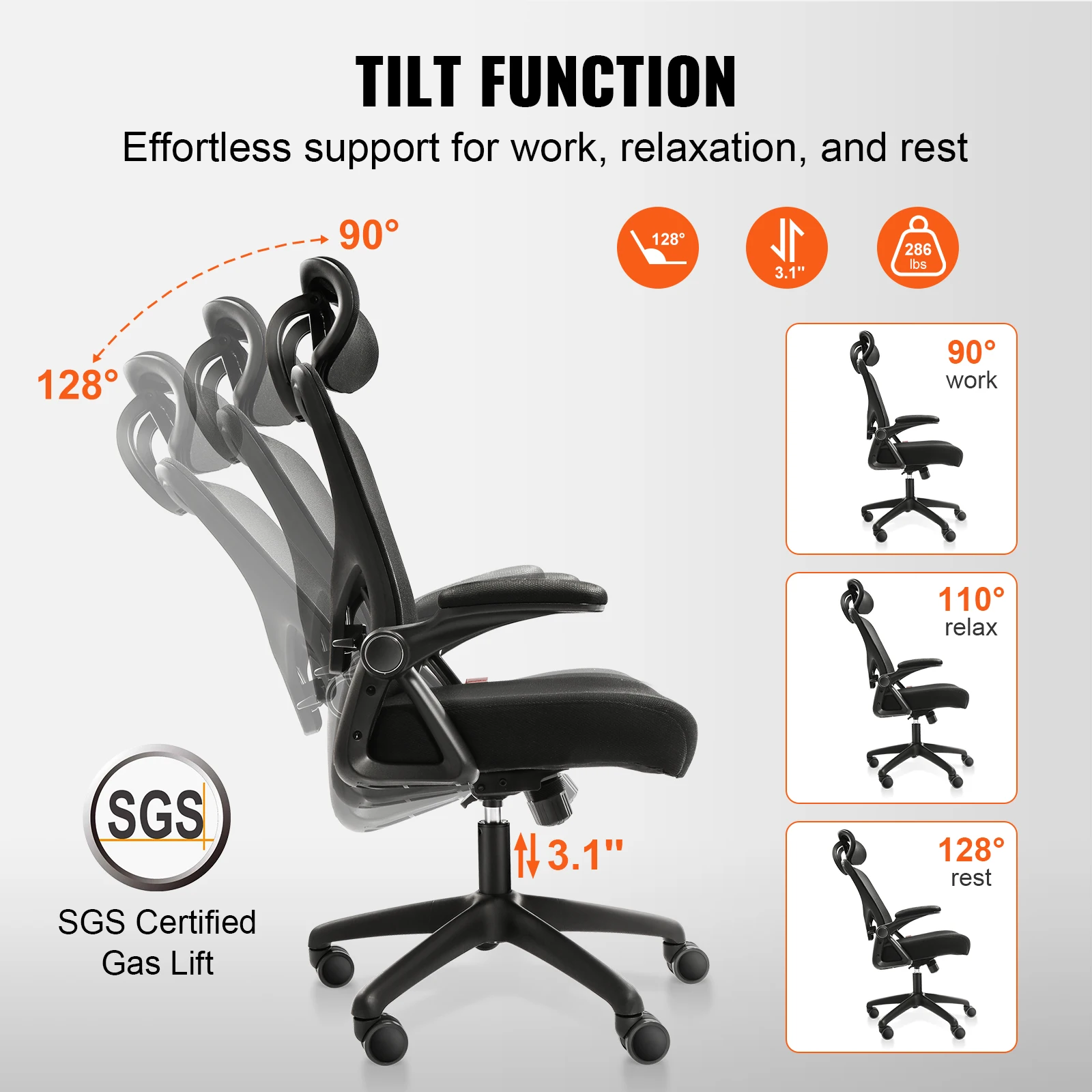 VEVOR Bürostuhl Ergonomisch, Schreibtischstuhl mit Verstellbarer Kopfstütze 60 mm, mit Armlehnen Lendenwirbelstütze, Drehstuhl Wippfunktion, Chefsessel aus Mesh, Rückenschonend, Bürostuhl 130 kg