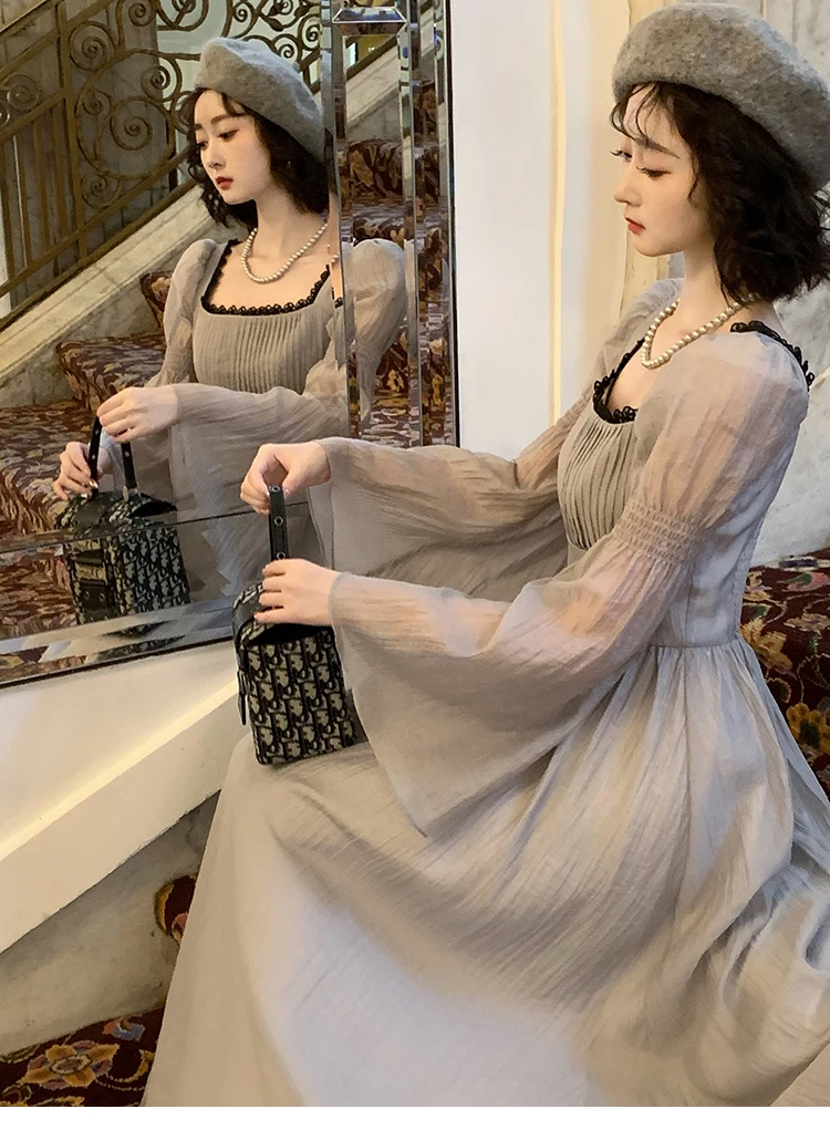 Autumn Princess Midi Dresses for Women Square Collar Flare Sleeve A-line Party Dress Slim Waist Korean One Piece Vestidos New