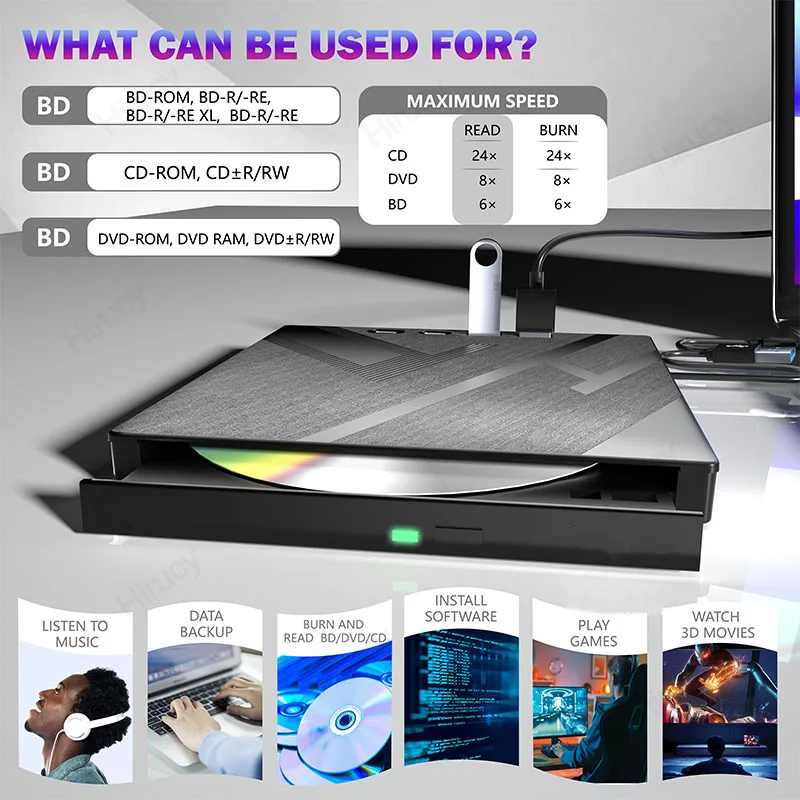 노트북 PC용 외장 블루레이 광학 드라이브, USB 3.0, C타입, BD, DVD CD-RW 플레이어, SD, TF 카드 슬롯, 휴대용 버너, 7 in 1