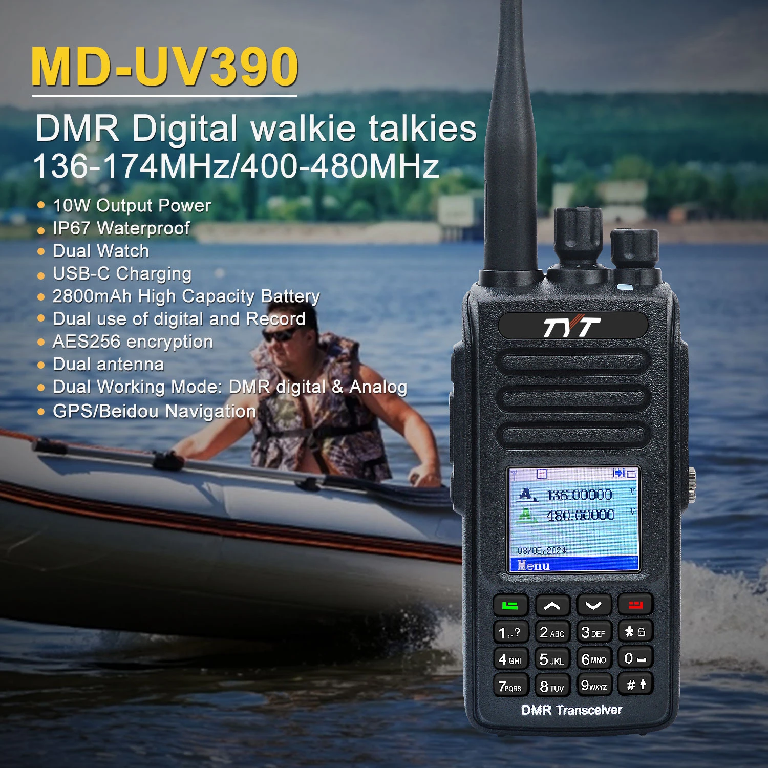 TYT MD-UV390 GPS 10W IP67 Waterproof Dual Band AES256 Encryption Record DMR Digital Analog Walkie Talkie W/2800mAh USB-C Battery 3