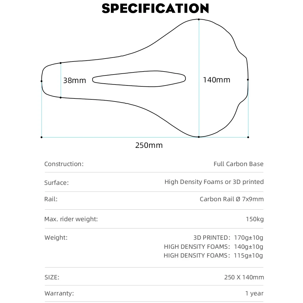 RYET フルカーボン 3D プリント自転車サドル 250 ミリメートル * 140