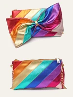 Luxury Metallic Vegan Leather Handbag Colorful Stripes Patchwork Sweet PU Bow knot Clutch Metal Chain Crossbody Bag Funky Y2K - Image 5
