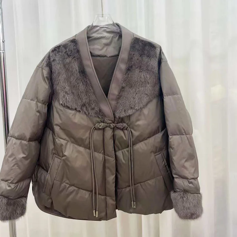

Женская куртка из гусиного пуха с воротником из натурального меха норки, теплая уличная одежда в китайском стиле на пуговицах, зима 2023
