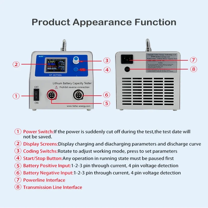 Heltec 50A Power Battery Capacity Tester Charge Discharge Load Detection Aging Test Voltmeter for Li ion LiFePo4 EU US Standards