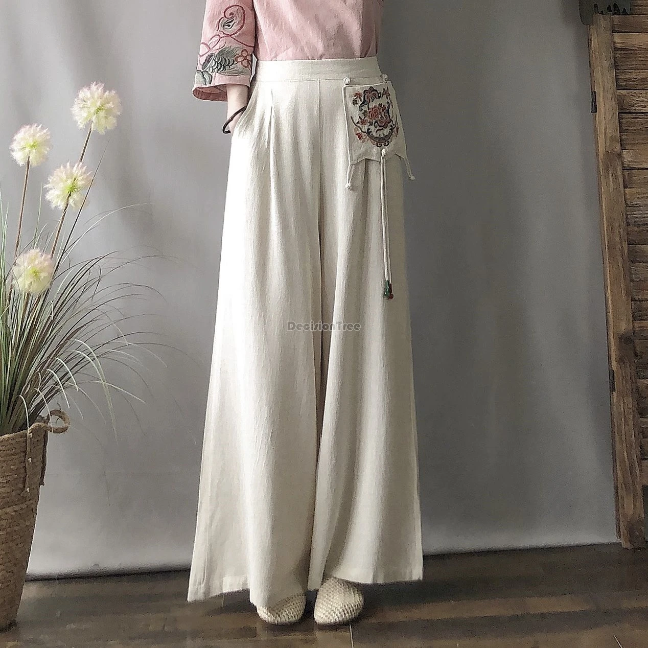 

2024 retro chinese national solid color embroidery pants high waisted elastic cotton line trousers casual daily wide leg pants