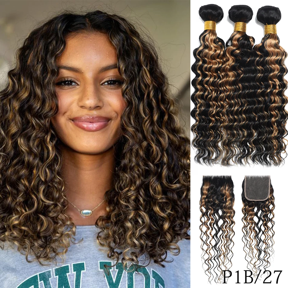 100% Human Hair Bundles With Closure Deep Wave Bundles With 4x4 HD Lace Closure Ombre Wet and Wavy Deep Curly Hair With Closure 2