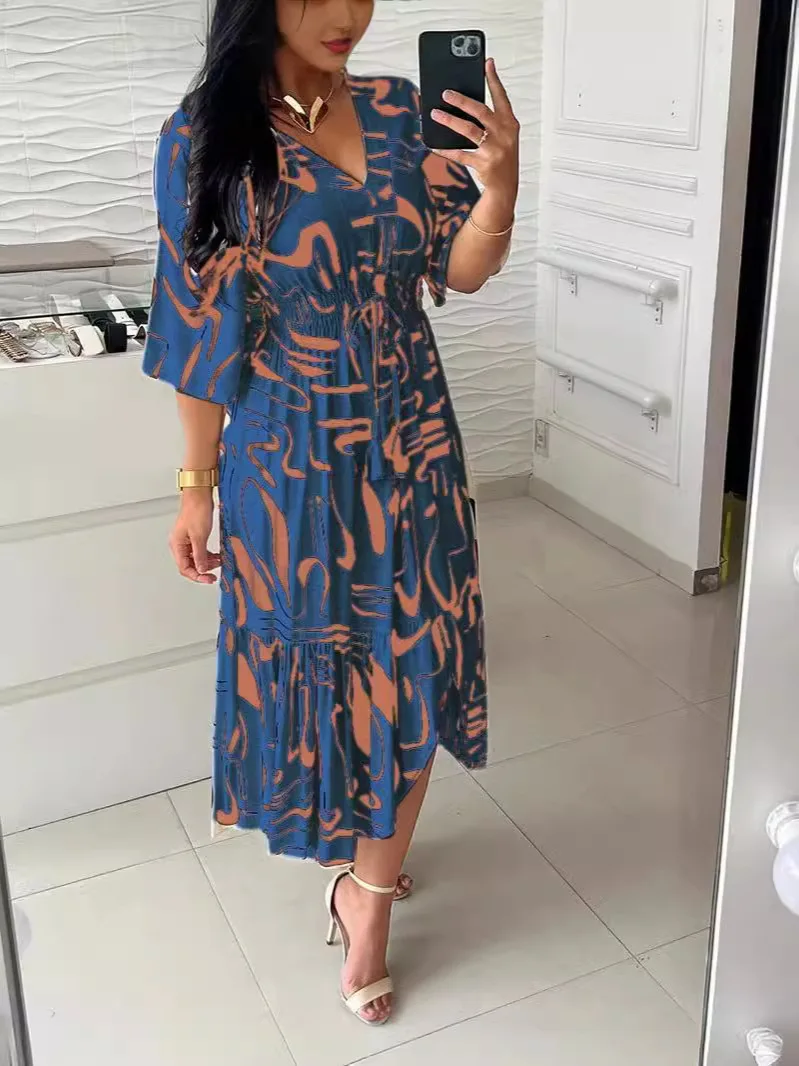 Boho Spring Summer Cotton Dress Vintage Printed Women Dresses Elastic Waist Vestidos Female Casual Half Sleeve A-line Long Dress