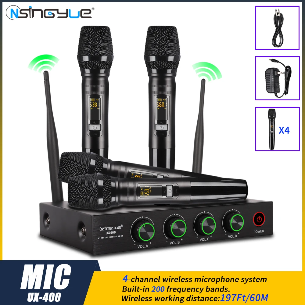 

UX-400 4 Channel Wireless Microphone System 60M Longdistance UHF Handheld Dynamic Mic For PA Speaker Home Karaok