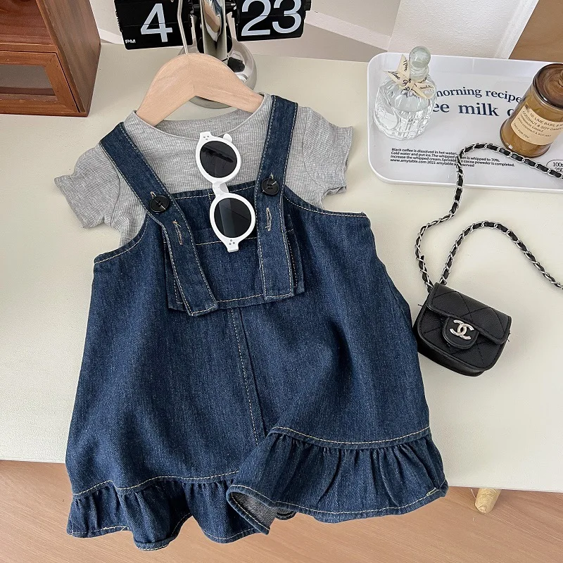

Girls' Set 2023 New for Summer Solid Color Cute Cotton Comfortable Denim Strap Skirt Grey Daily Fasion