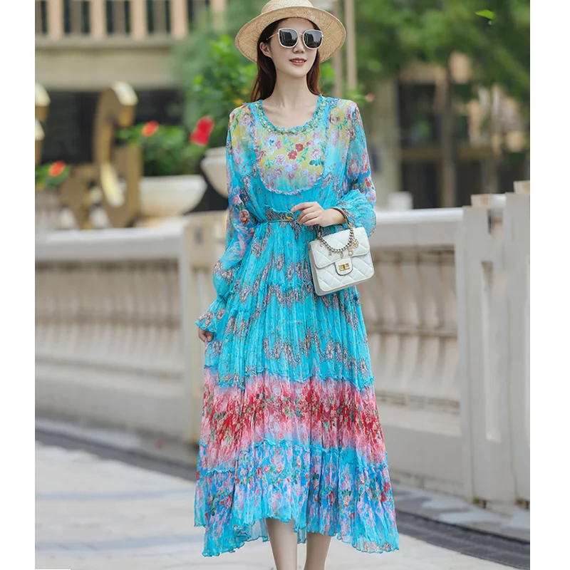 

New Spring Seaside Vacation Woman O-Neck Petal Sleeve Adjustable Waist Fashion Printed Silk Loose Long Dress One Size