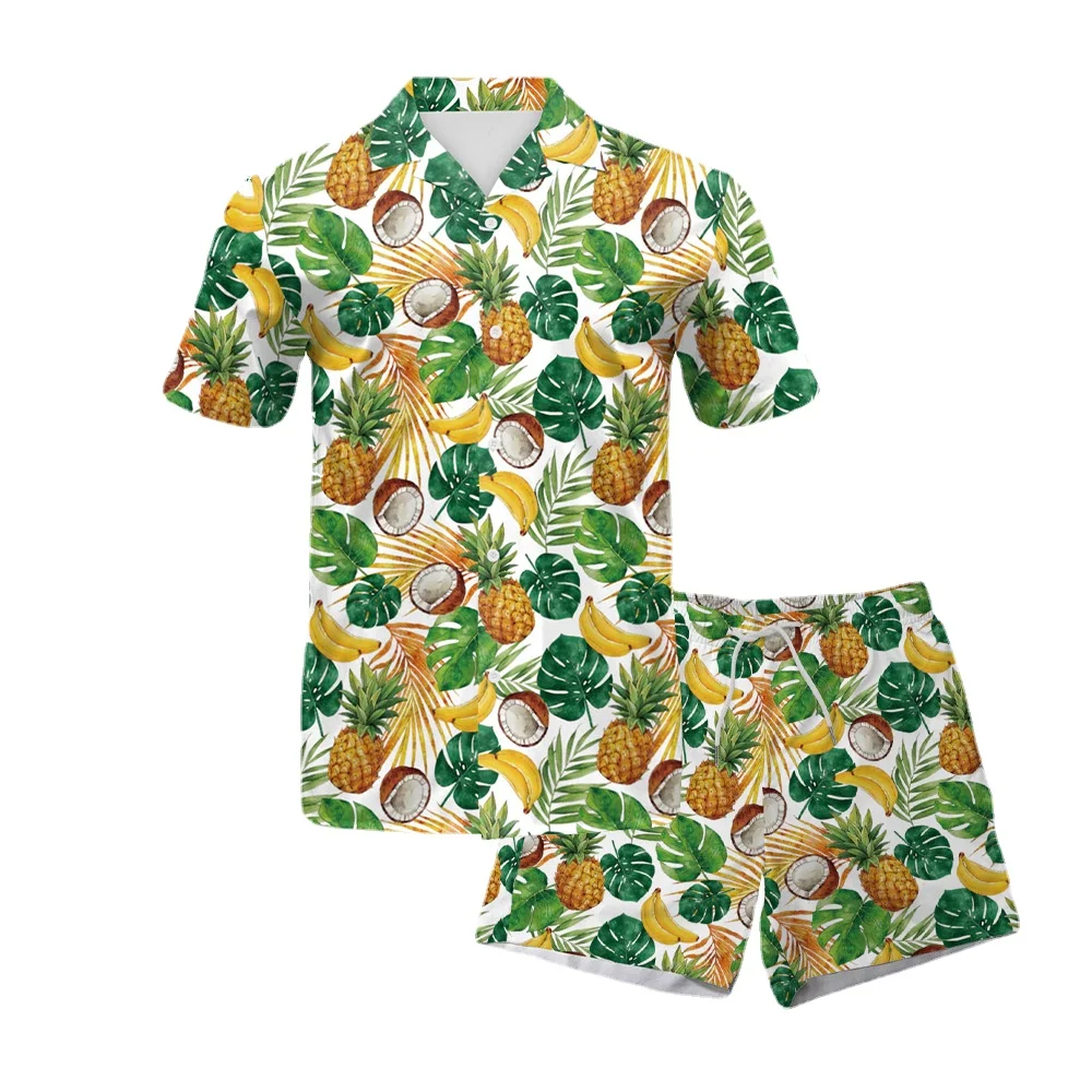 

B267 New Fashion Men Clothing Printing Fruit Cool Beach Pants Shirt and Two-piece Leisure Suit