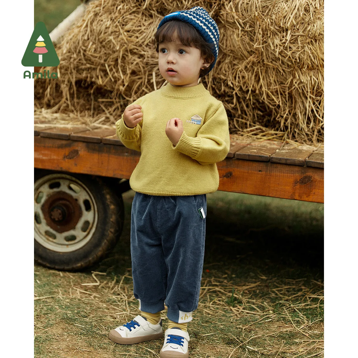 Amila Baby Pants 2023 Spring Autumn New Embroidery Corduroy Three Colors Loose Trousers Girls and Boys Children\'s Clothes Casual