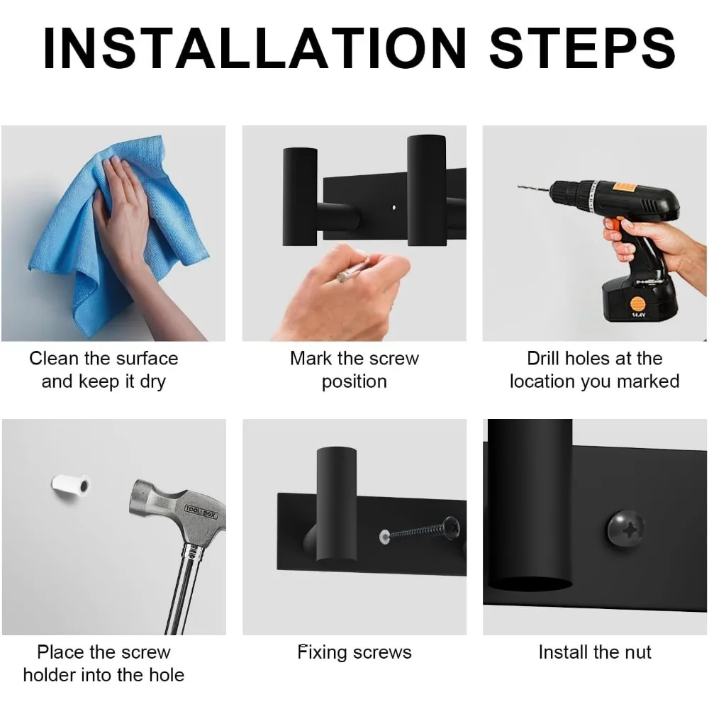 Black Hat and Coat Wall Mount Rack 5 Hooks for Robes, Bags, Keys, and Towels Bathroom Towel Hanger Organizer (1 Pack)