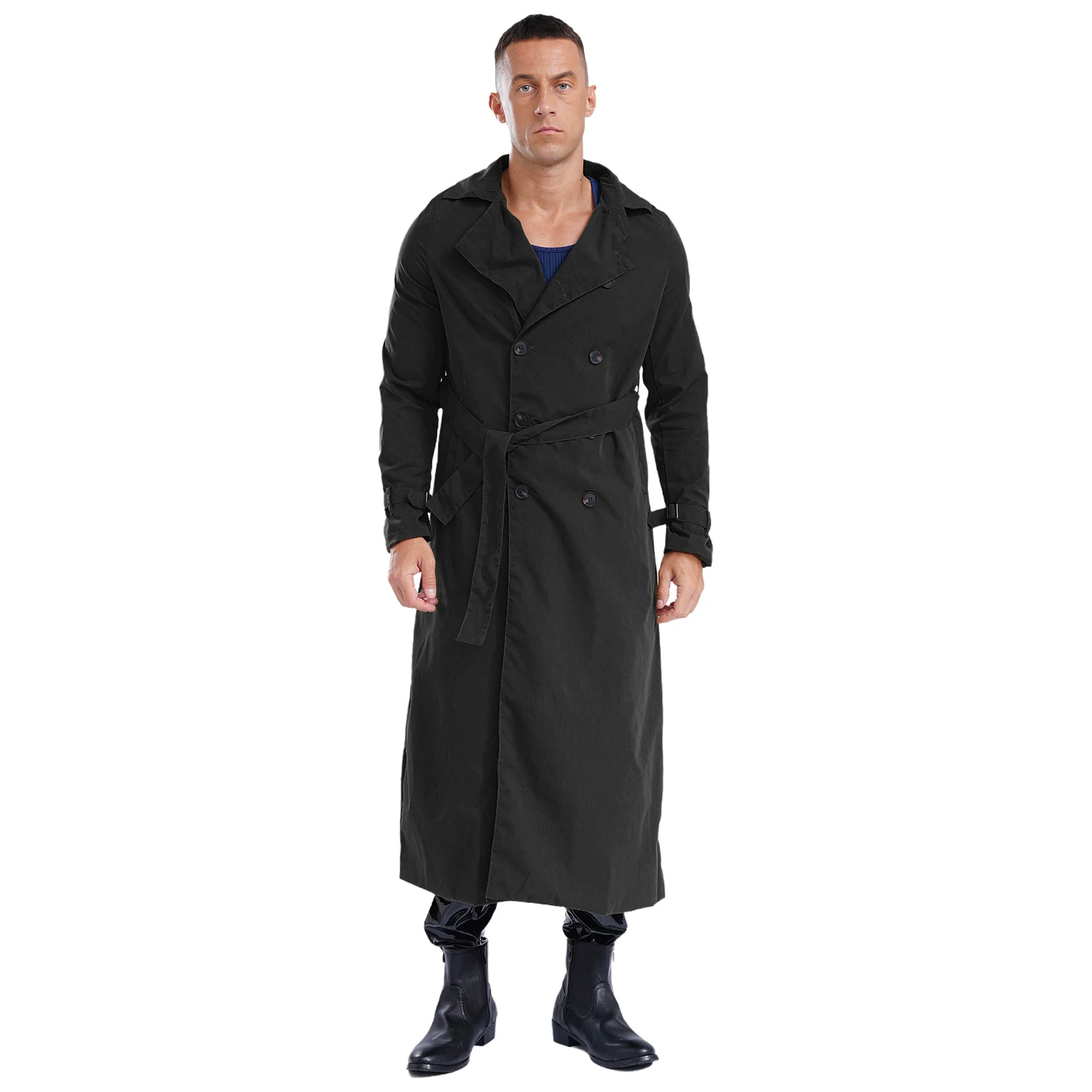Men Stylish Open Front Long Trench Coat Casual Notched Lapel Long Sleeve Maxi Jacket Overcoat with Belt for Autumn Spring Coat