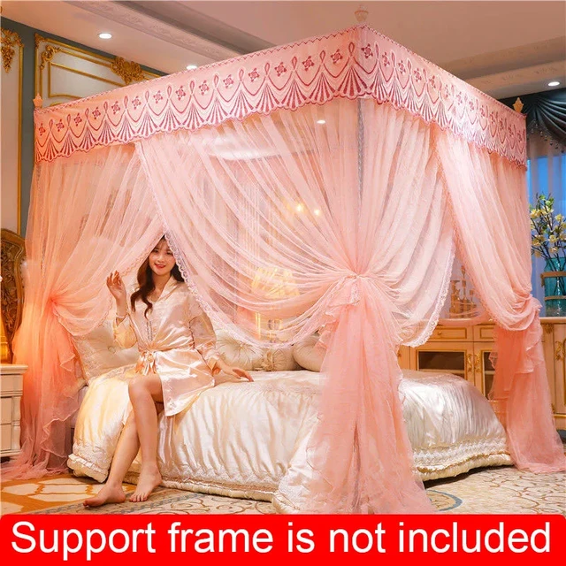 4 Corners Princess Lace Canopy Mosquito Nets No Frame For Queen King Bed  Netting