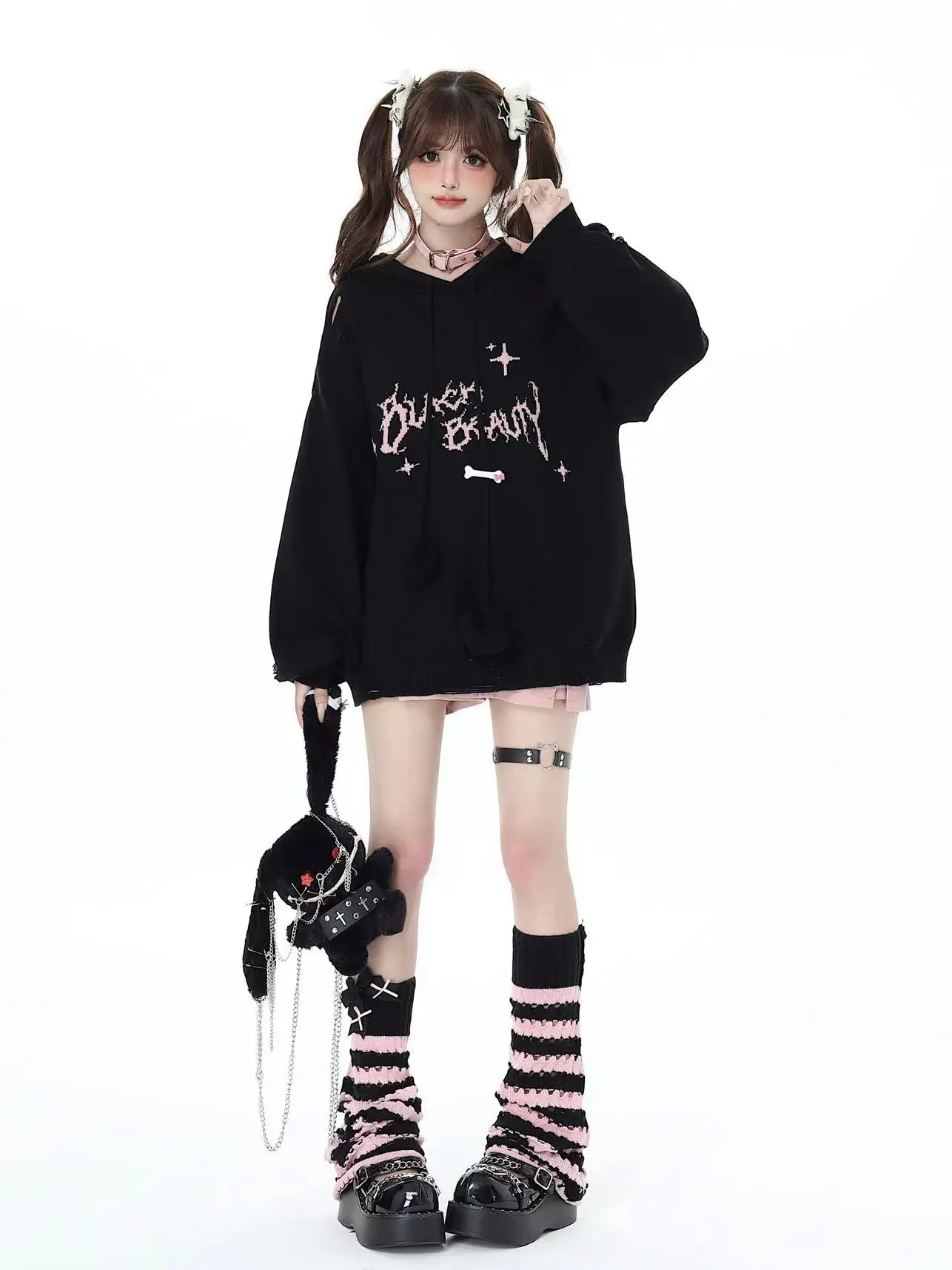 Rojita Japanese Black Pink Cool Sweet Style Soft Girl Striped Hollow Knit Pile Up Sock Kawaii Clothes Accessories Socks De Mujer