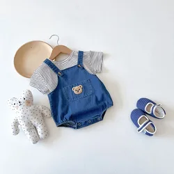 2024 Summer Cool Toddler Baby Clothing Set for Newborn Girls Striped T-shirt and Denim Bodysuits Overalls 2Pcs Boys Suits